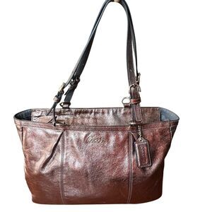 Coach Tote Bag Womens Large Bronze Metallic Leather Zip Shoulder Purse Charm